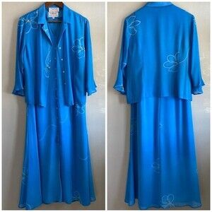 Ingenuity Women's Blue Chiffon Button Down Floral Dress & Jacket Set Size 10